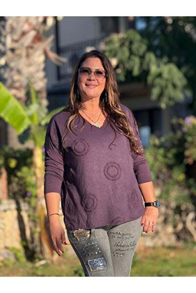 Punta Otantik NC20663 Bluză din tricot italiană cu decolteu în V cu dantelă, prune