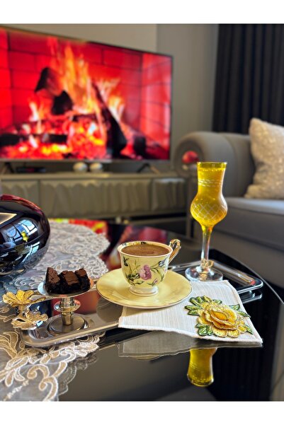 LUXURY 2 Li Kum Boncuk İşlemeli Sarı Gül kahve yanı sunum peçetesi