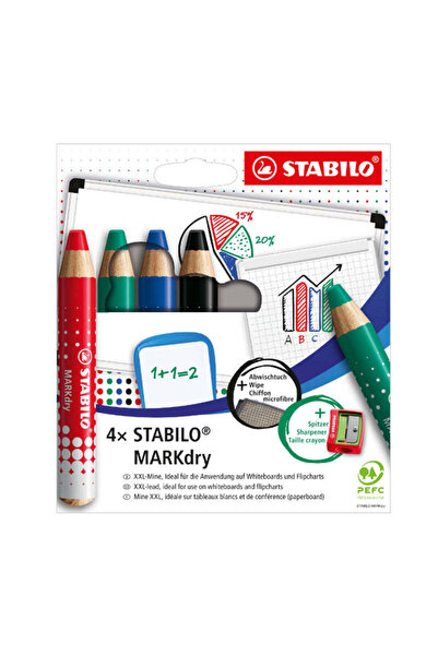 Stabilo MARKdry pencils for whiteboard, 4 colors, with sharpener and cloth