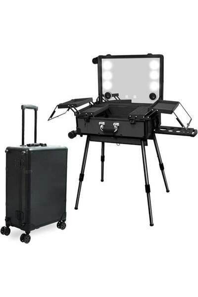 Arabest حقيبة مكياج دوارة مقاس 24 بوصة مع مرآة مضيئة وبلوتوث، عربة من الألومنيوم