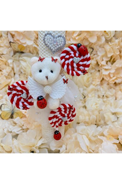 kizu Handmade Honeycomb Beeswax Baptism Candle with Teddy Bear and White-Red Decoration