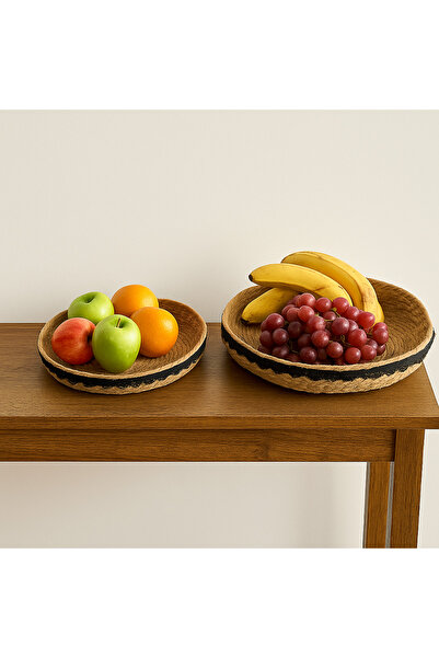 YINZUO Jute Tray Set Natural Woven Serving and Decorative Trays with Black Border Round
