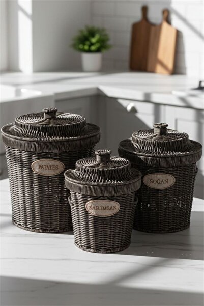 Bayev 3-Piece Burl Smoked Set with Wicker Lid Potato Onion Garlic Basket - 3 Sizes Rattan Vegetable Basket