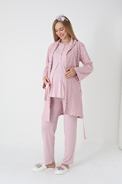 BLACKMORE Women's Powder Shawl Collar Special Lace Design Cotton Quilted Dressing Gown 3-Piece Pajama Set