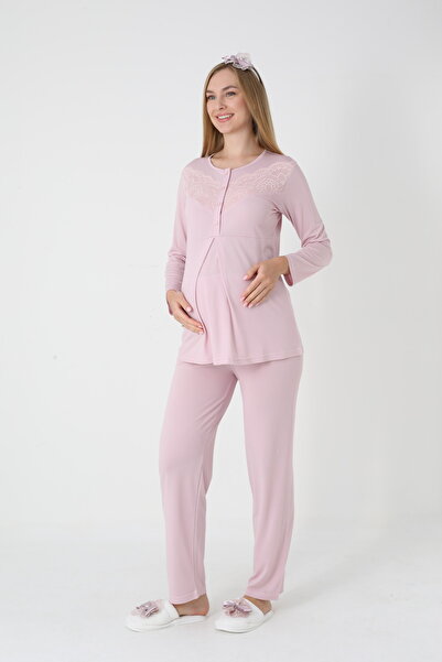 BLACKMORE Women's Powder Shawl Collar Special Lace Design Cotton Quilted Dressing Gown 3-Piece Pajama Set