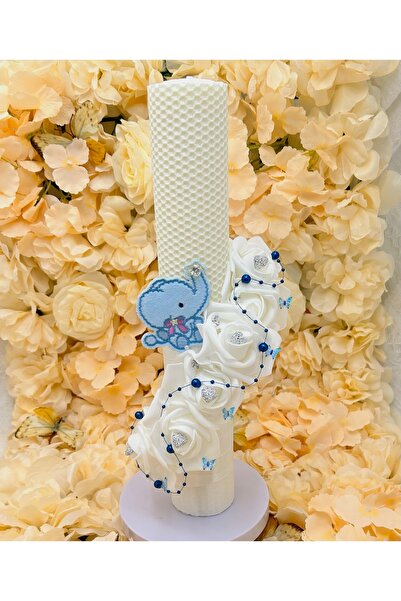 kizu Lumanare Botez din Ceara de Albine Tip Fagure Handmade cu Elefant Bleu s...