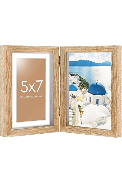 BananaHome 5x7 Double Folding Wooden Photo Frame, Holds Two 5x7 Photos (Wood Grain)