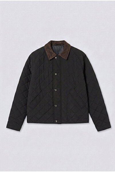 ablukaonline سترة مبطنة بتفاصيل ياقة مخملية للرجال قصة فضفاضة باللون الأسود