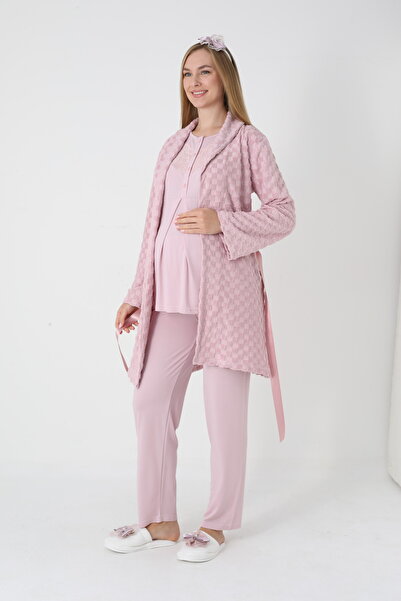 BLACKMORE Women's Powder Shawl Collar Special Lace Design Cotton Quilted Dressing Gown 3-Piece Pajama Set