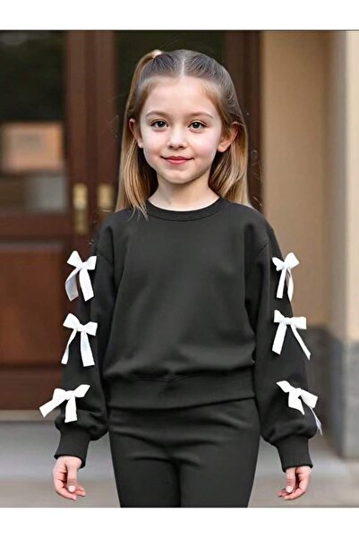 şetakids Kız Çocuk Siyah Kurdele Detaylı Sweatshirt