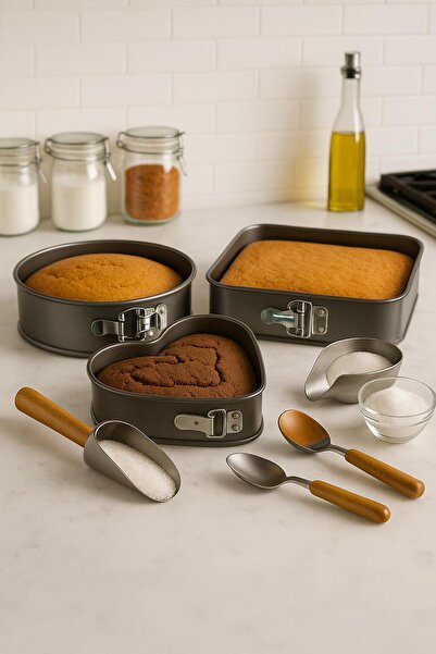 Pazarika 3’lü Kek Kalıbı Seti – Yuvarlak, Kare ve Kalp Şekilli Çıkarılabilir Tabanlı Kek Kalıbı”