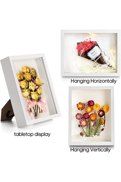 BIGTHREE 3D Photo Frame, Flowers Shadow Box Display Case, HD Glass Wooden White Hollow Photo Frame
