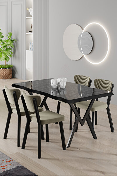 Canisa Akort Serisi MDF Sabit 80x130 Siyah Mermer Desen Mutfak Masası Takımı ...