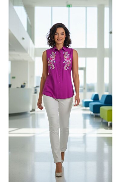 dml giyim Sleeveless Linen Blouse with Embellishment Details