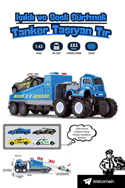 welcomein 1:43 Die-Cast 4x4 Güçlü Polis ArabasıTaşıyıcı Tır Seti – Çekici Met...