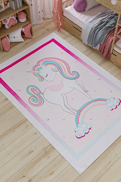 Oriente Home Unicorn Desenli Pudra Yıkanabilir Kaymaz Taban Anti-bakteriyel Ş...