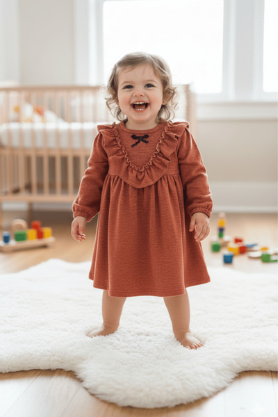 Bertuğ Bebek Ruffled Girl's Baby Knitwear Cinnamon Brown Dress