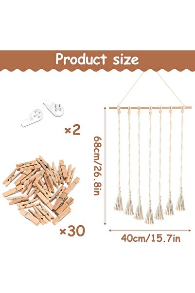 KASTWAVE Hanging Photo Display Macrame Wall Hanging with 30 Clips - Boho Photo Display