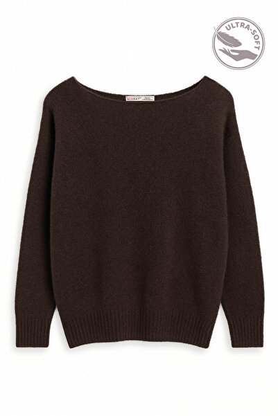 Mixray 6995 Women's Boat Neck Wool Blend Knit Sweater Brown
