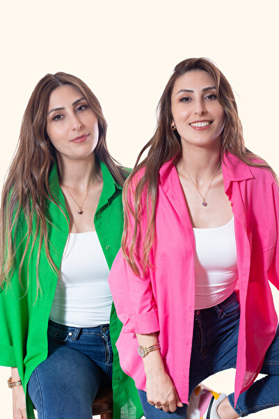 Justime Women's Oversized Cotton Linen Green - Fuchsia Shirt