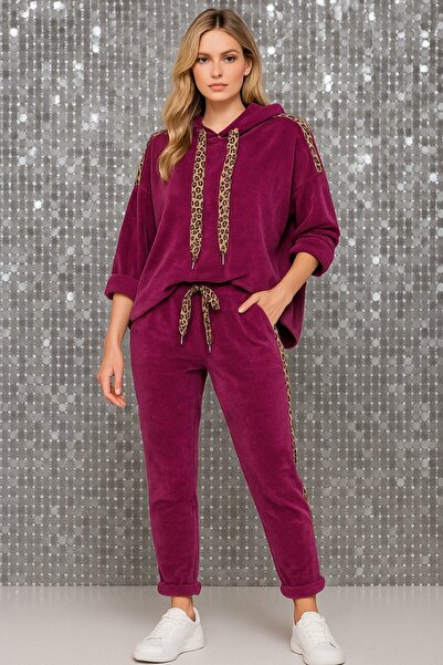 LaraLisa Hooded Leopard Detailed Velvet Women's Bottom and Top Set