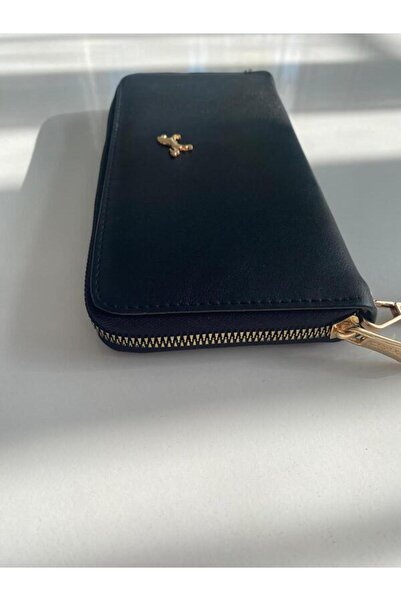 Kelebek Büyükboy Telefon Bölmeli Deri Kadın Cüzdan El Çantası Siyah Gold Detaylı