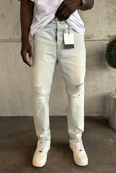 MADZEYMODA Men's Boyfriend Fit Ripped Detail Snow Wash Denim Jean Pants Bf-095