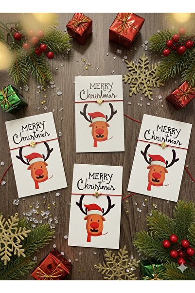 BY DİLEK ÇETİN ACCESSORY Red and White Marteniçka Christmas Card with Clover Figure (5 Pieces)
