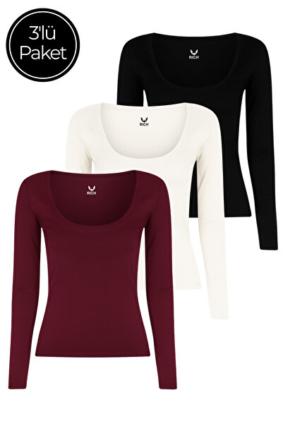Rich Women's 3-Pack Black-White-Maroon U-Neck Bodycon Long Sleeve Blouse