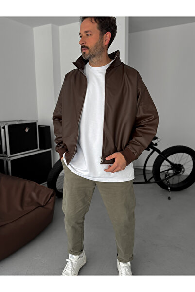 BYBASICMAN Ribbed Leather Jacket with Coffee Color Sleeve Detail Jj-2024