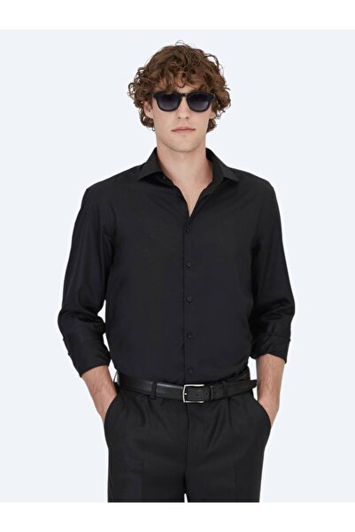 Kip Black Plain Regular Fit Woven Classic 100% Cotton Shirt