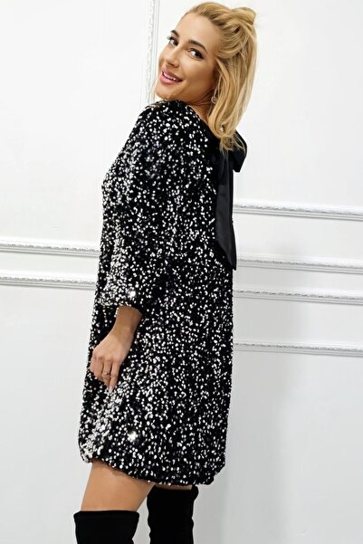 FashionForYou Tamina short flared dress, with sequins and oversized bow at the back, Silver, Size S/M/L