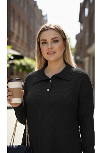 Koza Butik Women's Plus Size Shirt Collar Buttoned Ribbed Knit Fabric Tracksuit Set 8232-26