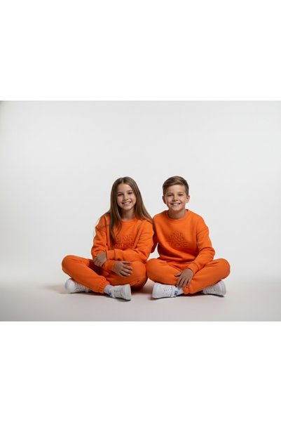 Merve Nur Tekstil 3 Thread Child Ş Fleece-Lined Embossed Print Orange Combination 1