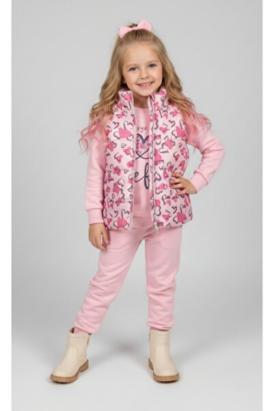 Nellino طقم رياضي للفتيات بنمط قلب وسحاب أمامي، سترة منتفخة وبنطلون رياضي سميك