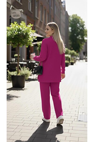 Koza Butik Women's Plus Size Shirt Collar Buttoned Ribbed Knit Fabric Tracksuit Set 8232-26