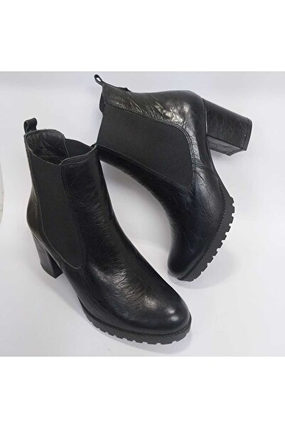 Mira Deri Genuine Leather 7 cm Thick Heels with Cracked Leather Look Non-Slip Soles Classic Women's Boots Vermeer