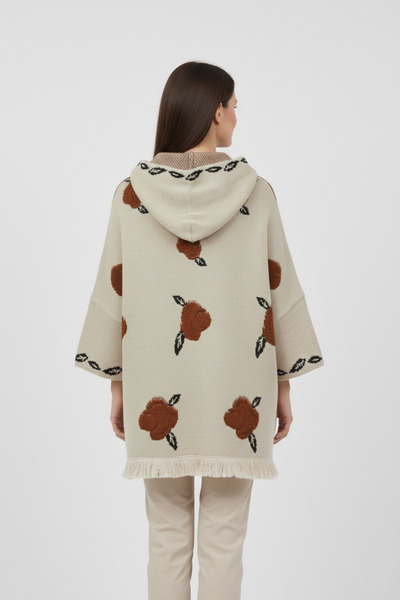 Uludağ Triko Beige Embossed Rose Patterned Hooded Women's Poncho