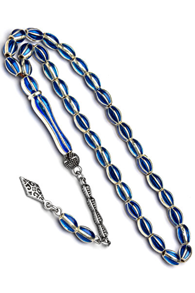 OTTOTESBİH Mărgele de rugăciune din metal cu design special albastru argintiu 41Gr 6x9mm