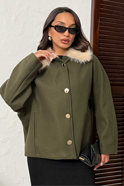 SUN STYLE Stylish Brown Cashmere Fabric Fur Collar Women's Jacket | Buttoned and Lined Winter Coat