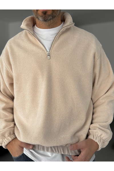BYBASICMAN Beige Half Zip Plush Sweatshirt Jj-173