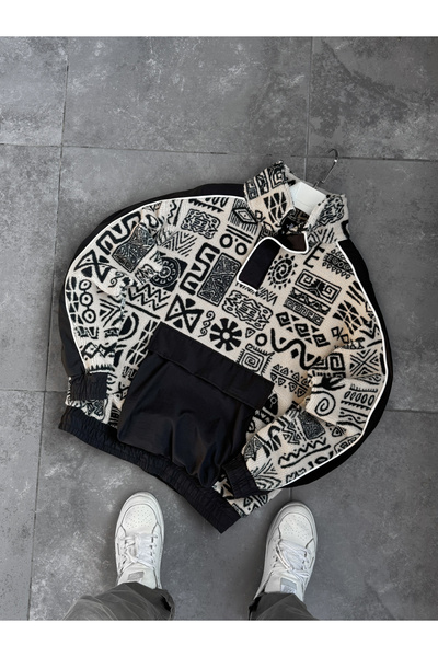 BYBASICMAN Ecru Geometric Patterned Plush Sweatshirt Yp-5030