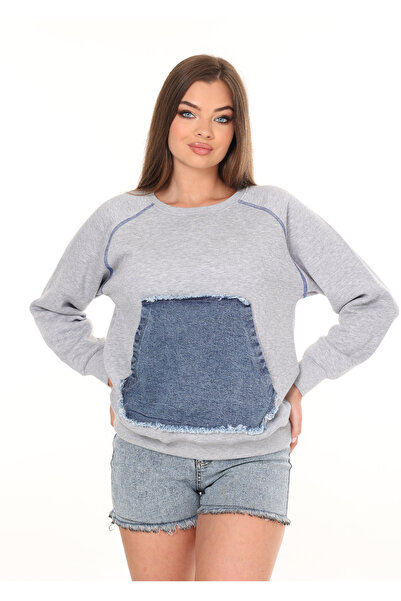 HEDEF DAİSY Women's Clothing Three Thread Fleece Denim Detailed O Oversized Pocket Model Sweatshirt