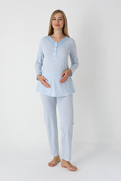 ERDENİZ TEKSTİL Long Sleeve Combed Cotton Maternity Pajamas and Robe Set Maternity Set 3-Piece Set