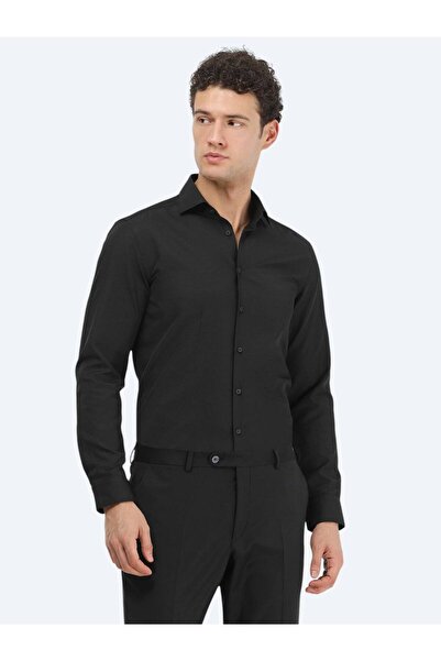 Kip Black Plain Regular Fit Woven Classic Cotton Blend Shirt