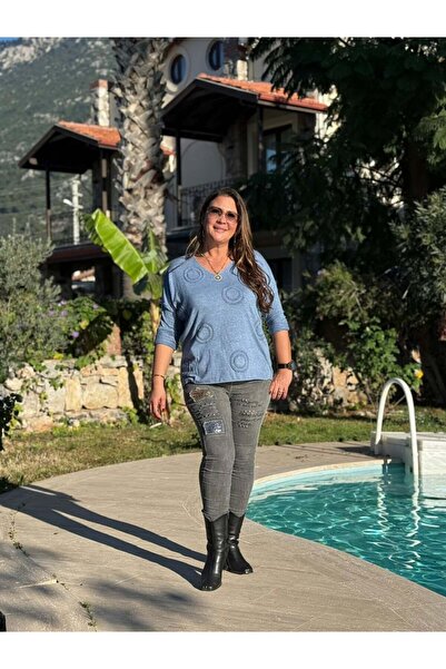 Punta Otantik NC20663 Блузка з V-подібним вирізом та італійським трикотажем, синя