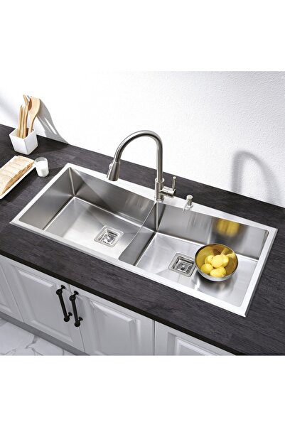 CookingAid VENUS Double Stainless Steel Kitchen Sink Set with 2 Bowls and 3 Accessories, 1143x508x22