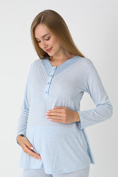 ERDENİZ TEKSTİL Long Sleeve Combed Cotton Maternity Pajamas and Robe Set Maternity Set 3-Piece Set