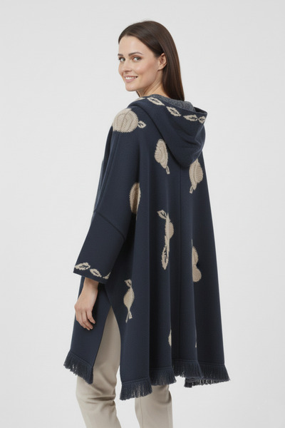 Uludağ Triko Indigo Embossed Rose Patterned K Hooded Women's Poncho