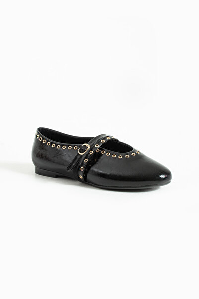 stato - Black Color Buckle Faux Leather Women's Ballerinas